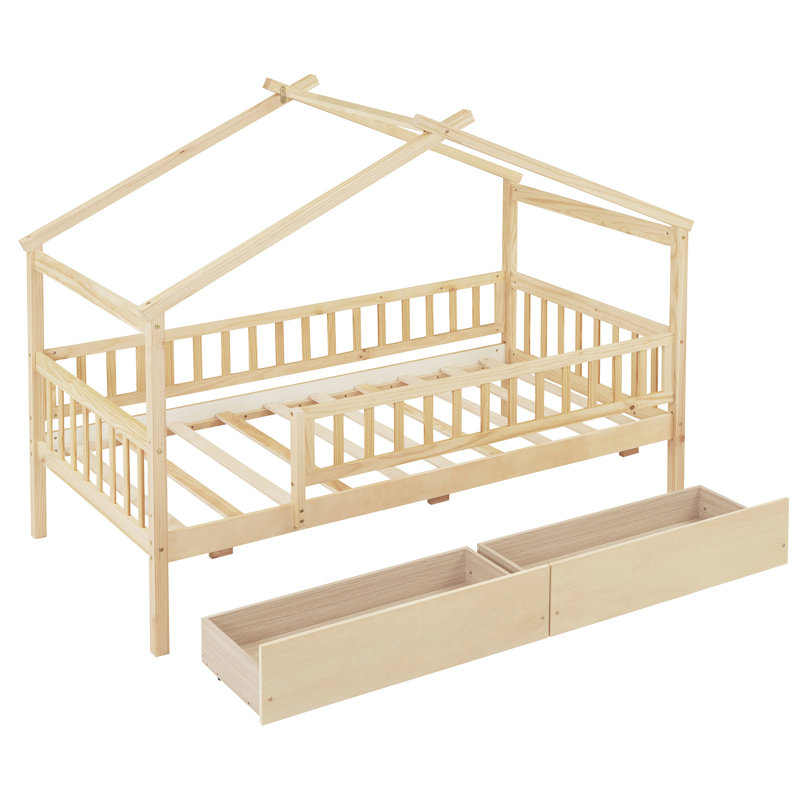 Lit simple en bois pour lit simple - rangement à deux tiroirs, fabrication en bois, naturel, têtes de lit incluses avec finition naturelle unie,