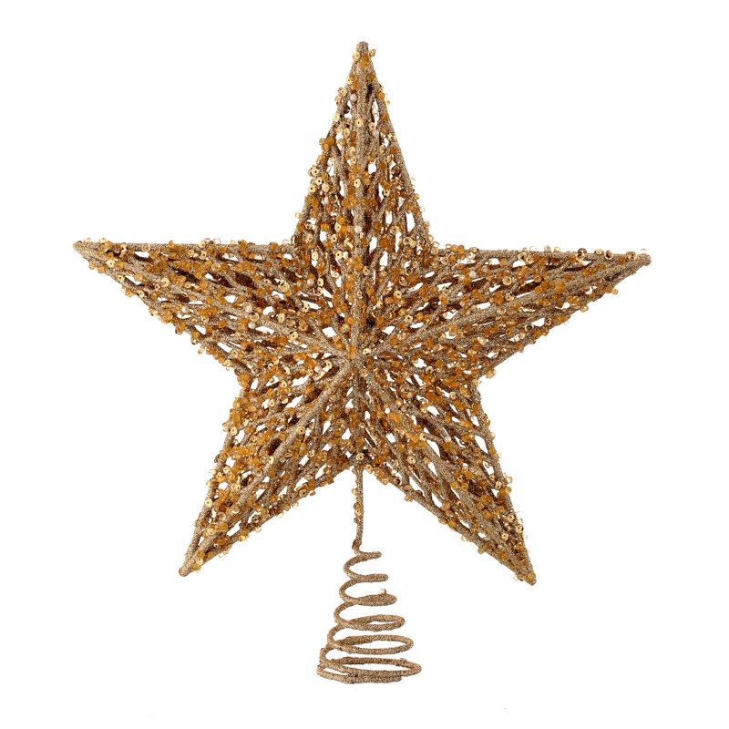 13" Sequin/Bead/Glitr Star Tree Topper Acbox, Champagne Gold