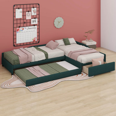 Twin Size L Shape Platform Bed Frame With Trundle, Rawers And Built-In Table