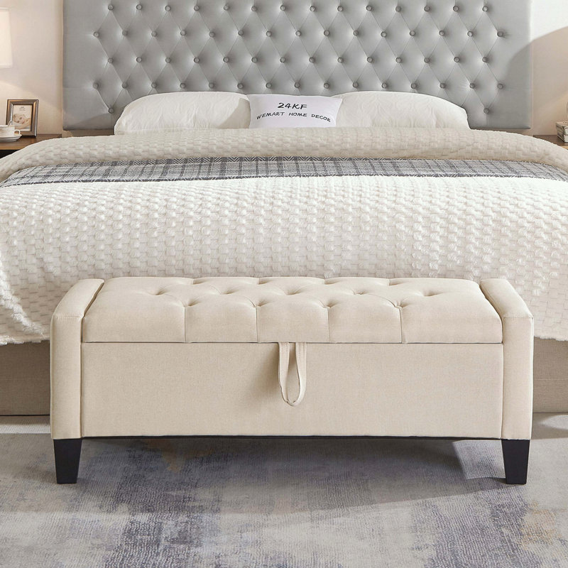 Banc de rangement capitonné en lin avec tablette en bois massif, Beige