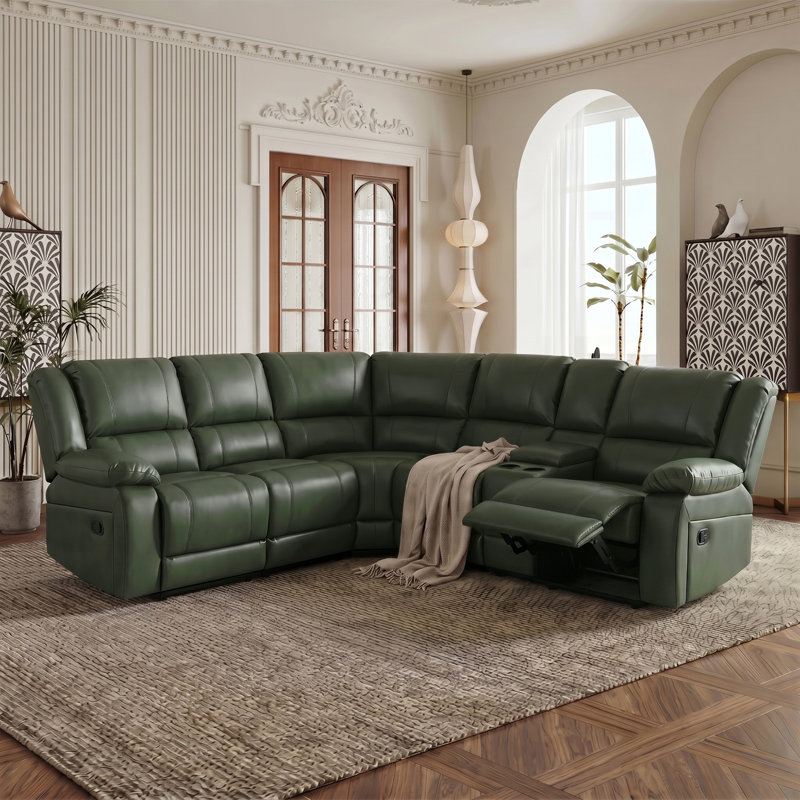 Canapé modulaire inclinable en similicuir 6 pièces avec console de rangement et porte-gobelets, Olive Green Faux Leather