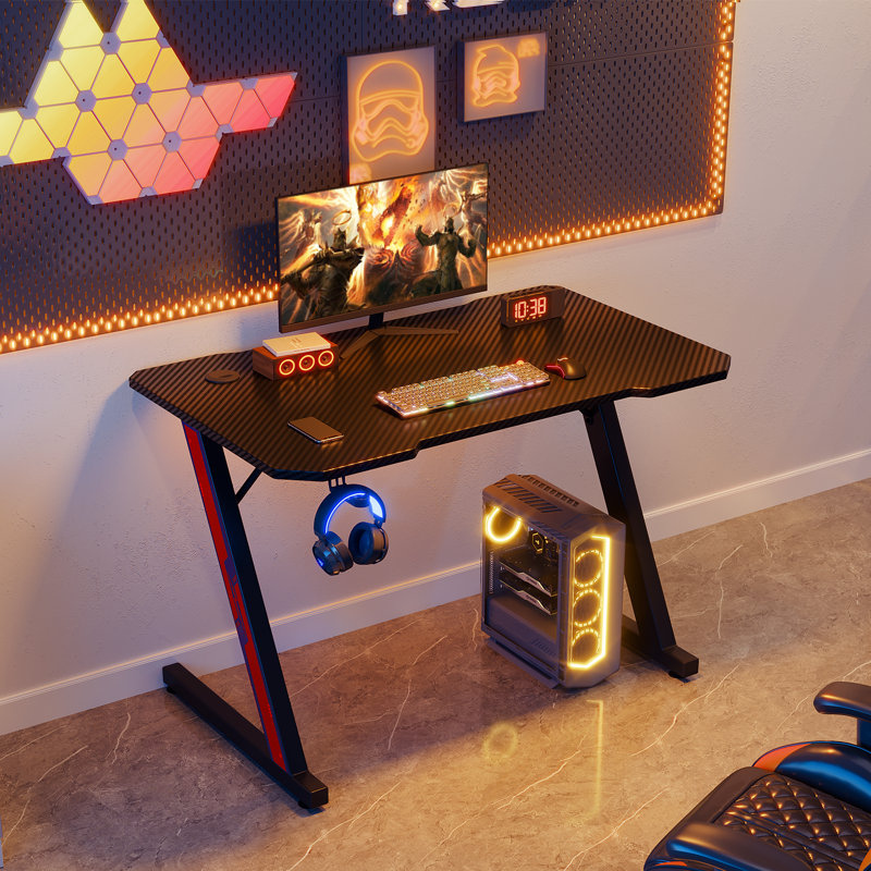 Ergonomic Black Gaming Desk PC Computer Desk Home Office With Headphone Hook, Black, 75cm H x 80cm W x 55cm D