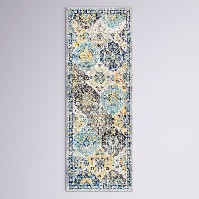 Hillsby Machine Woven Oriental Blue/Yellow/Gray Area Rug, Runner 2'7" x 7'3"