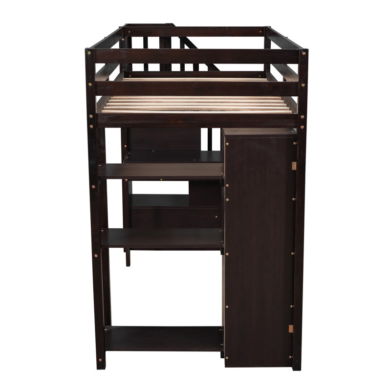 Lit mezzanine simple avec tiroirs de rangement, bureau et escalier, lit mezzanine en bois avec tablettes - Espresso