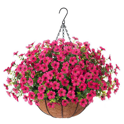 Artificial Faux Hanging Plants Flowers Basket with Hanging Basket for Outdoors Spring Summer Decoration,Hanging Planters with Fake Silk Flowers UV Resistant Realistic for Outside Porch Patio Balcony Garden