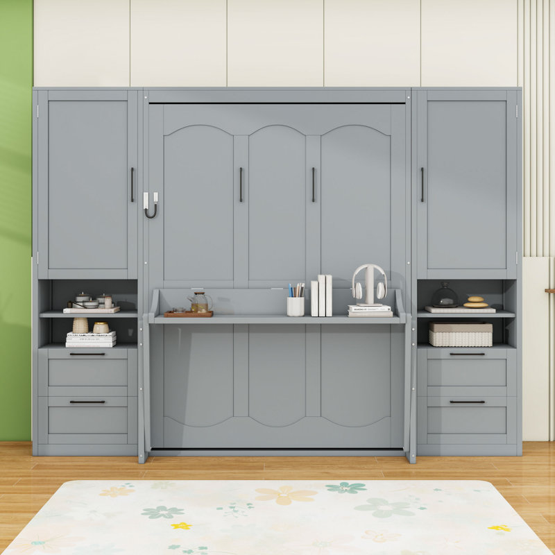 Lit escamotable 4 tiroirs en bois avec placard et tablettes, Lit double, Gris