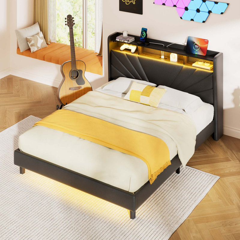 Lit de rangement avec charge USB et lumières DEL - Conception à oreilles rembourrée et structure en métal avec tête de lit