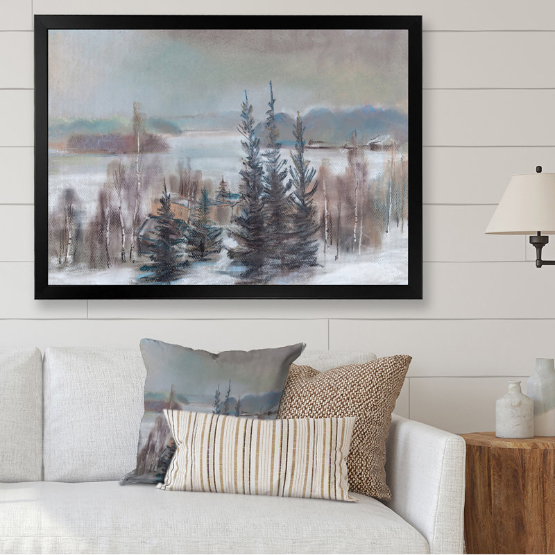" Winter Forest Landscape " Painting Print, Black Picture Framed, 16" H x 32" W x 1" D