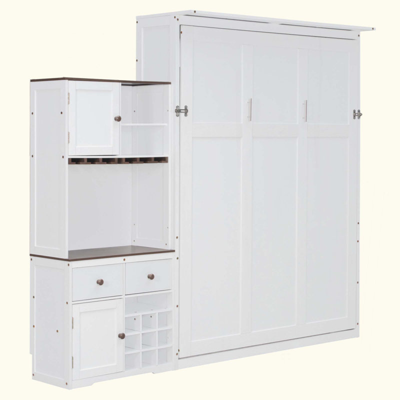 Lit escamotable avec armoire de rangement, support à vin, porte-verre, tiroirs et bande à DEL multicolore