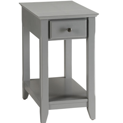 Table grise avec tablette de rangement inférieure ouverte et structure de pieds rectangulaire en dessous