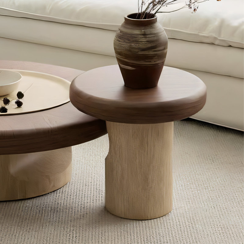 Table d'appoint ronde 19,7 po en bois double, plateau en noyer et petite table basse sculptée, Brun