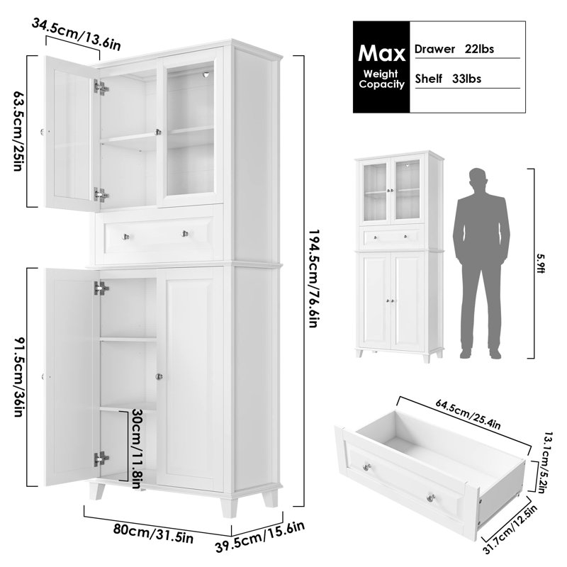 76'' White Freestanding Kitchen Pantry Cabinet with Glass Doors