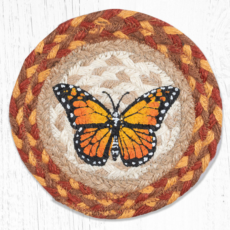  Grand sous-verre rond en jute tressé à la main 7 po Monarch, Brown/Beige, Monarch Butterfly