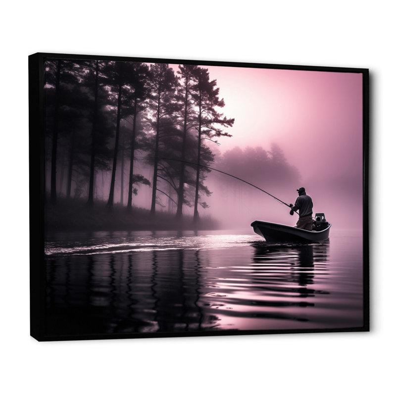 Fishing At The Lake I - Fishing Framed Canvas Print Hunting Wall Art, Black Floater Framed, 12" H x 20" W x 1" D