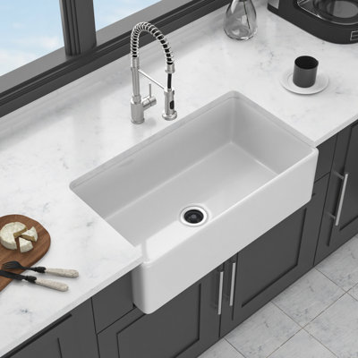 33" White Porcelain Apron - Front Reversible Sink, 33 X 18 10 Inches, Drain And Accessories Inch Kitchen Ceramic Material, Rust Dish Grid