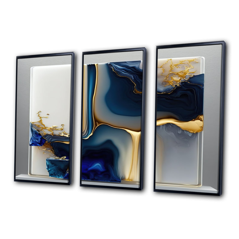 Abstrait géométrique en forme de marbre doré et bleu I - 3 pièces sur toile, Cadre flottant noir, H 28 po x l 36 po x P 1 po