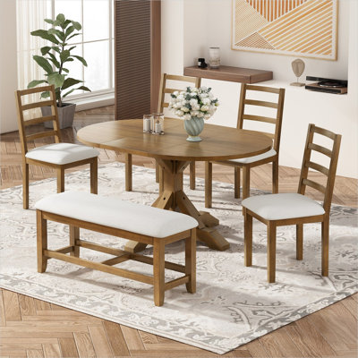 6-Piece Round Extendable Pedestal Dining Set with Bench, Brown-Toned Solid Wood, Seats 6, Farmhouse Style for Cozy Gatherings