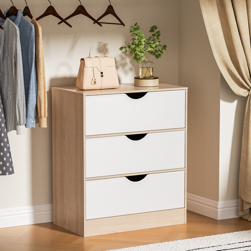 3 Drawers Dresser For Bedroom With Fabric Pu Drawer, White Dresser With Wood Frame, Large Organizer, Small Chest Of Drawers For Closet, Living Room, Hallway, Oak