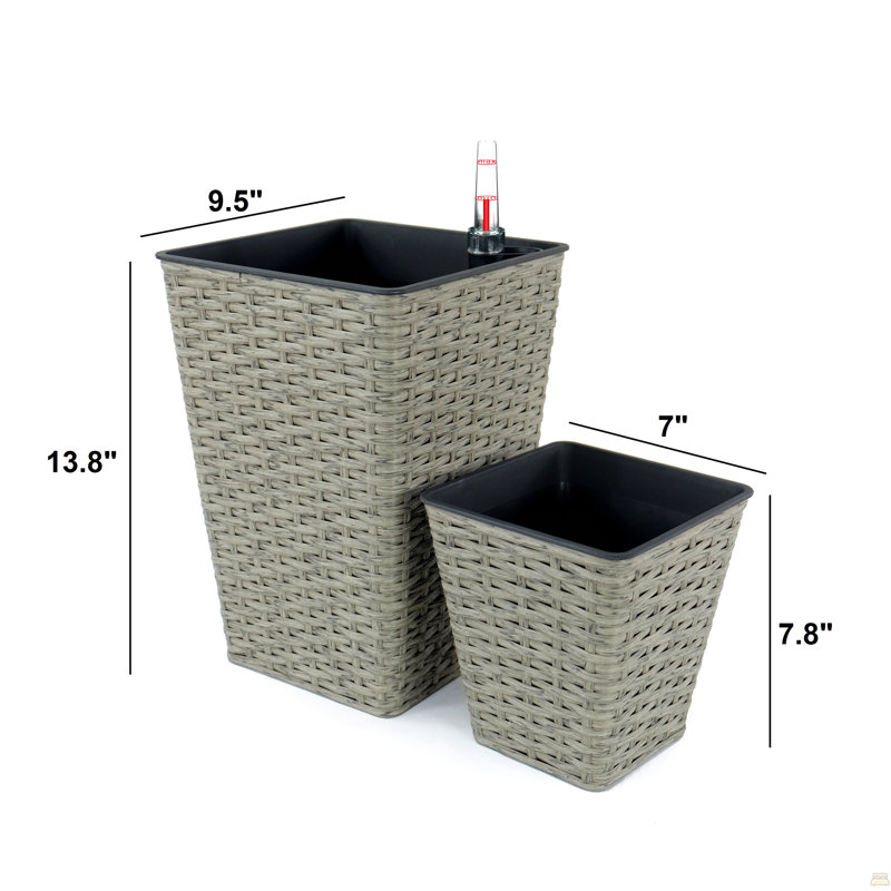 Ensemble de 2 jardinières carrées auto-arrosantes pour l'intérieur et l'extérieur - Osier tissé à la main - Gris