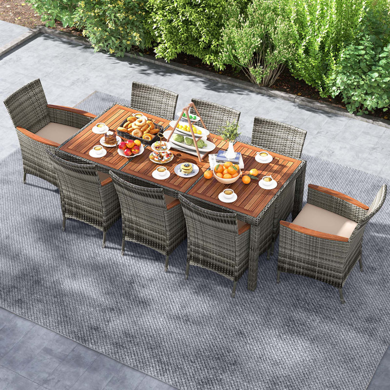 Wildon Home® 9 Pieces Outdoor Wicker Dining Set With Acacia Wood Table And 8 Armchairs