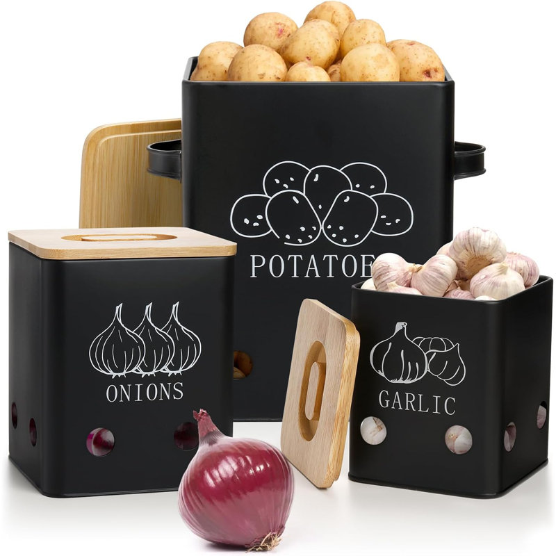 Ensemble de 3 boîtes de rangement pour légumes, pot de rangement pour pommes de terre, oignon et ail, panier à légumes en métal noir, pots de rangement pour garde-manger avec couvercle en bambou et trous d'aération