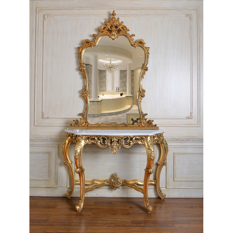 47'' Genuine Marble Console Table, White Top/Gold Base, 35" H x 52" W x 18" D