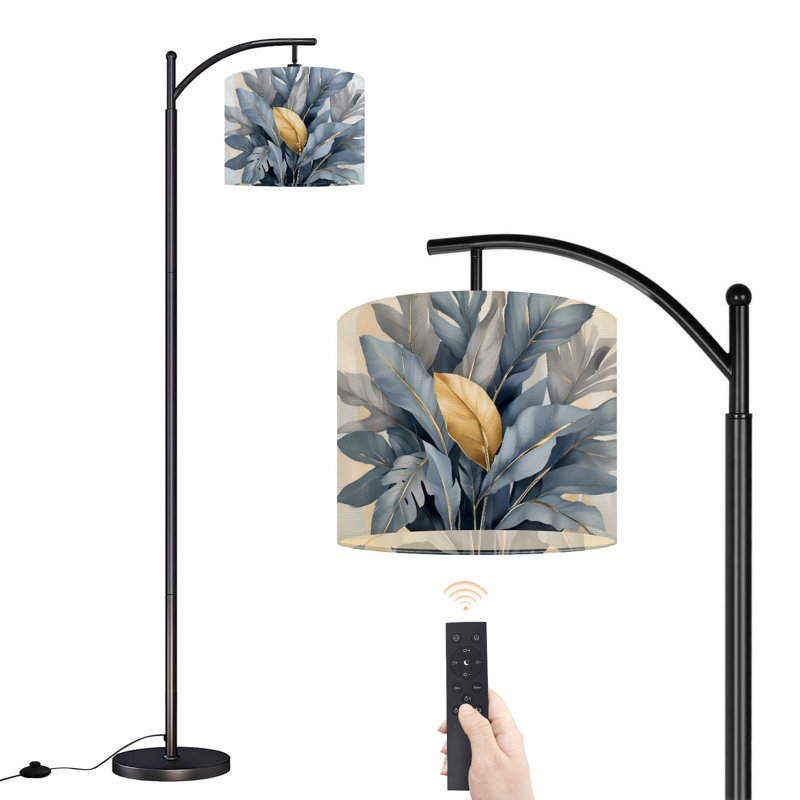 Lampe sur pied à arc avec abat-jour réglable Élégante lampe sur pied à feuilles tropicales bleues et dorées 3 températures de couleur à intensité variable avec interrupteur au pied pour chambre à coucher