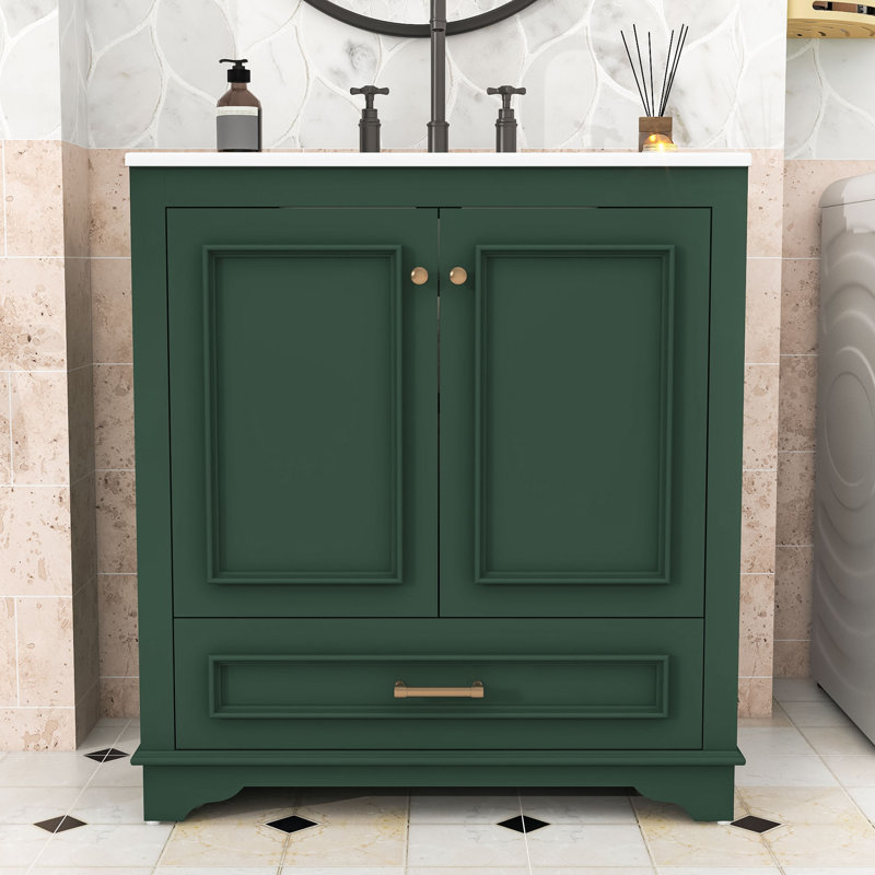 Meuble-lavabo en bois avec lavabo en céramique, tablette réglable et tiroir, Vert