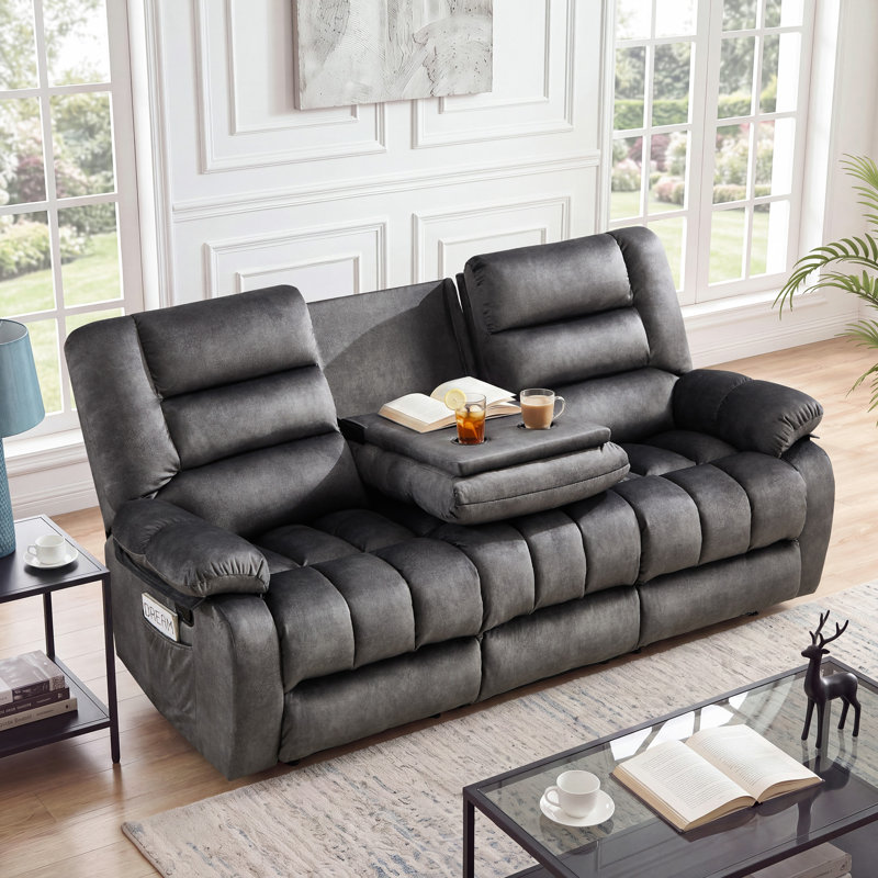 83.80" W Manual Reclining Sofa With Cup-Holder Drop-Down Table