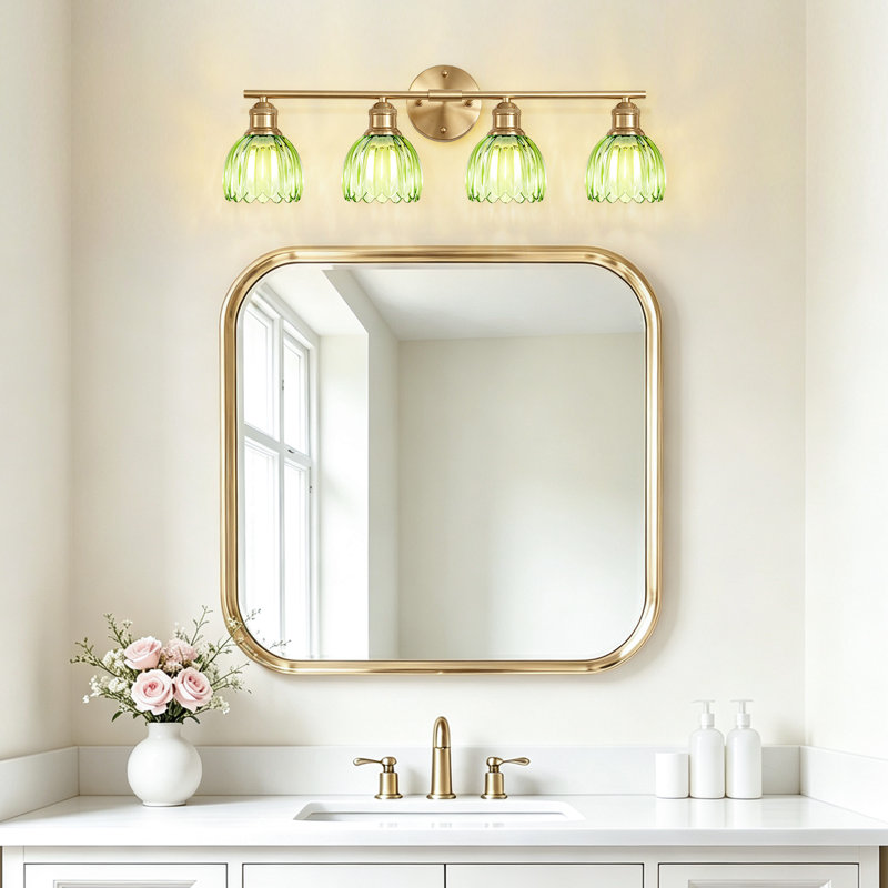Éclairage mural pour salle de bain 4 lumières avec abat-jour en verre tulipe à motif floral rétro, Vert, Laiton brossé, 4