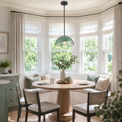 1-Light Modern Farmhouse Green Dome Pendant Light with Black Metal Cage, Adjustable Industrial Ceiling Lighting for Kitchen Island