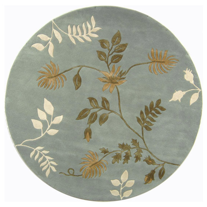 Tapis floral en laine / viscose touffeté à la main Candelo bleu clair / ivoire / vert, Rond 6 pi