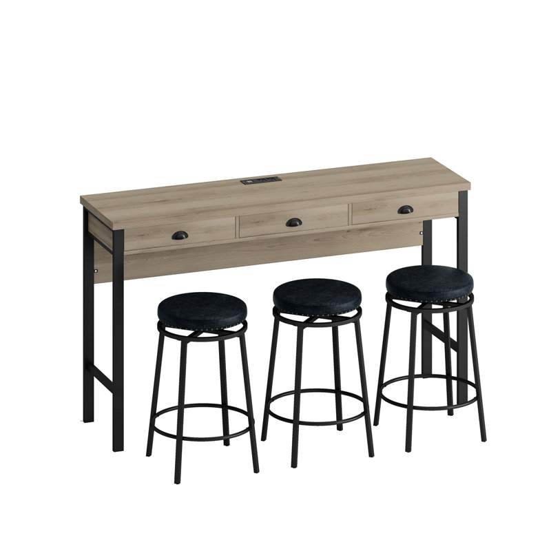 Ensemble de table de salle à manger longue à 3 tiroirs avec prises électriques Arcole, ensemble de table de bar avec tabourets circulaires