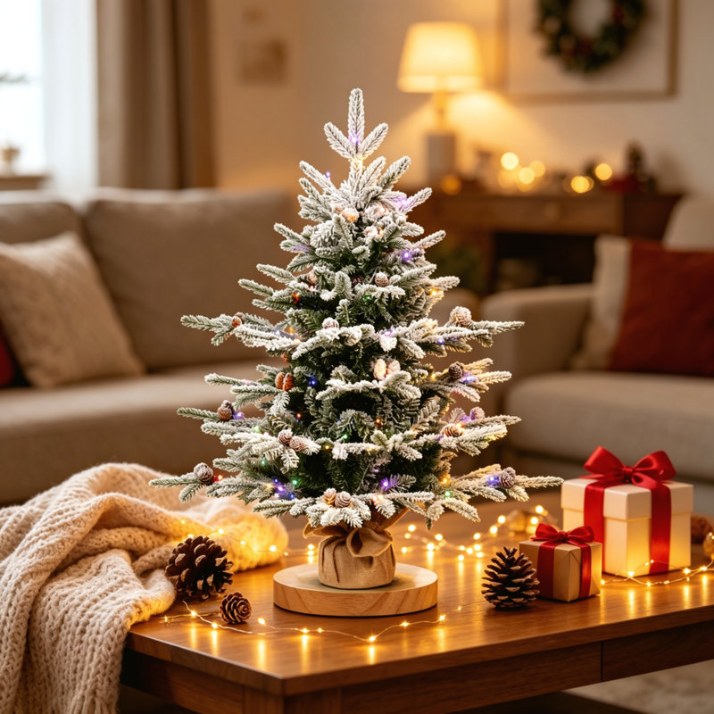 Sapin de Noël artificiel floqué préilluminé de 90 cm, 528 branches, 100 lumières DEL bicolores, 26 pommes de pin, diamètre de 79 cm, base en toile de jute et ciment pour la décoration intérieure des fêtes