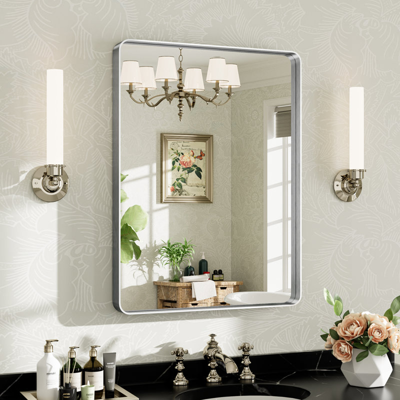 Miroir de salle de bain mural Llesenia, Argent argent, 32 po x 24 po, Rectangulaire