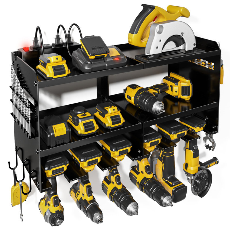 Robust Carbon Steel Tool Storage Rack With Power Strip, 24.6"W X 11"H, Organize 50+ Tools