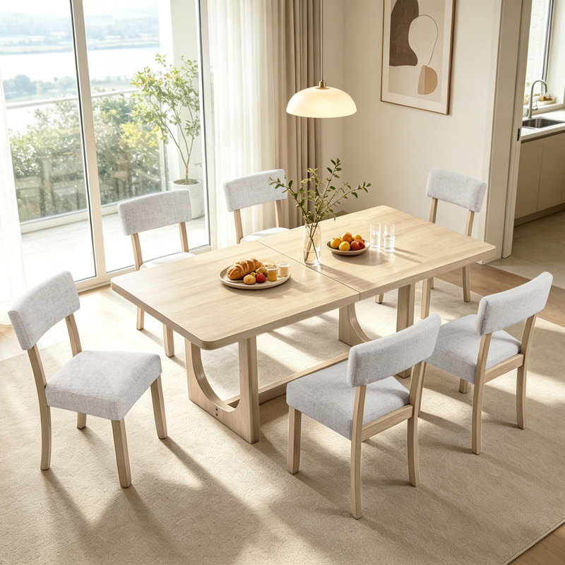 Ensemble de table de salle à manger 7 pièces pour 6, table rectangulaire en chêne clair de 68 pouces avec 6 chaises ergonomiques rembourrées en lin