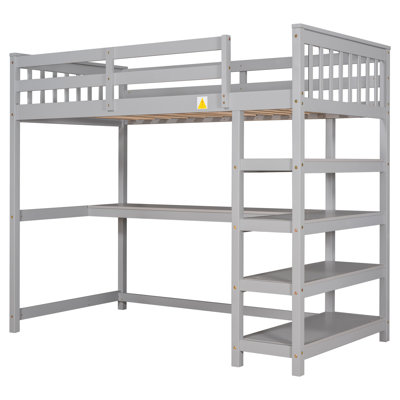 Grand lit mezzanine avec tablettes de rangement et bureau sous le lit, gris