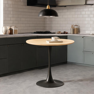 Table de salle à manger ronde 31,5 pouces pour petits espaces, style piédestal moderne, panneau de fibres à densité moyenne avec finition naturelle organique et base en acier noir, 4 sièges
