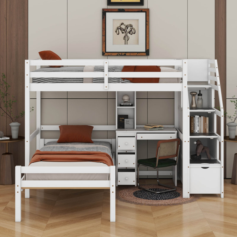 Lit mezzanine simple avec lit autonome, escalier de rangement, bureau, tablettes et tiroirs, Blanc