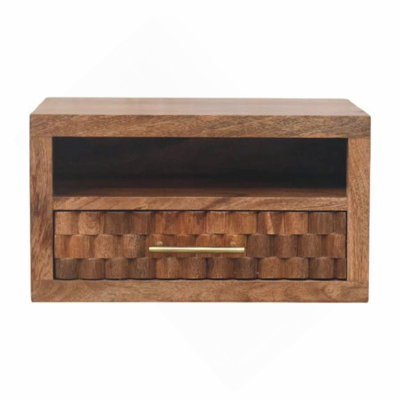 Solid Wood Wall-Mounted Nightstand in Golden Teak,Brown,1-Shelf,1-Drawer