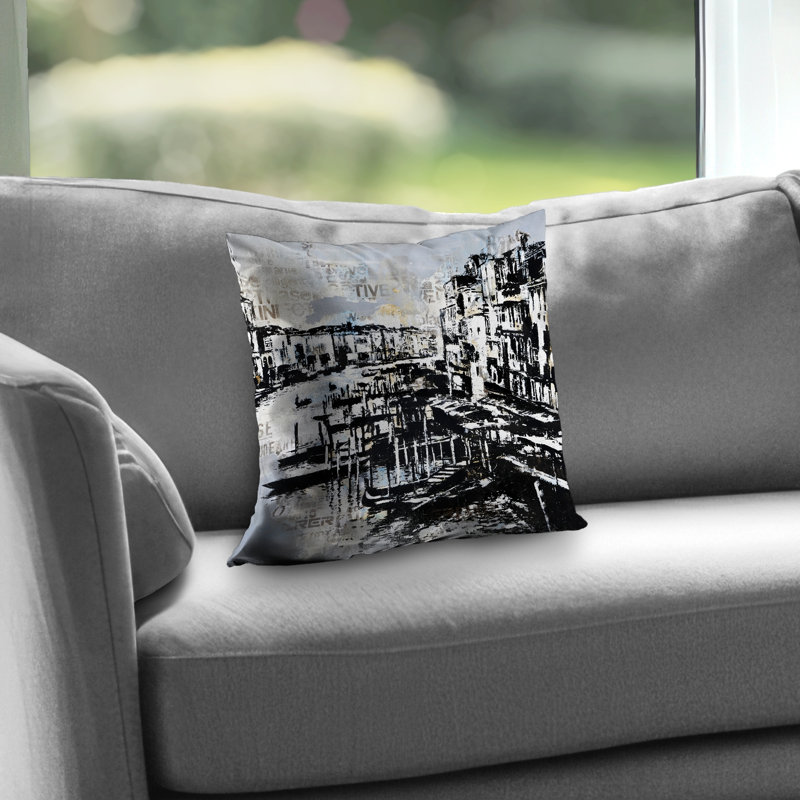 Abstract Venise Port - Contemporary Blue Poly Twill Throw Pillow – Poly Twill Throw Pillow with Insert, Double-Sided Print