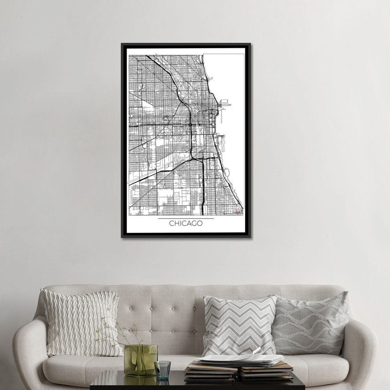 «Chicago Minimal Urban Blueprint Map», impression sur toile, H 26 po x l 18 po x P 1,5 po, Toile avec cadre noir