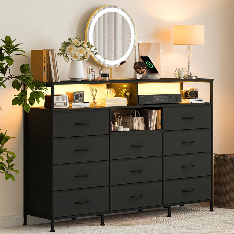 55.1" 11 Drawer Fabric Dresser with LED Lights, Power Outlet & Open Shelves, Black