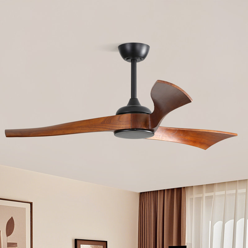 Kemp 52 Inch Modern Propeller Ceiling Fan with Remote Control, 3 Solid Wood Blade Indoor Ceiling Fan No Light, Black