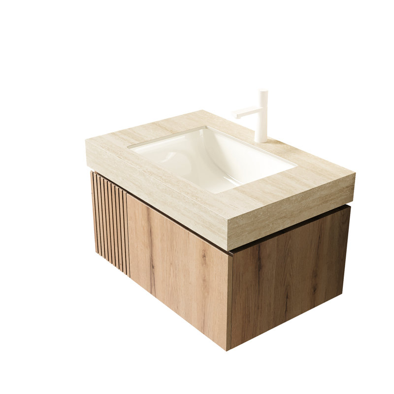 Comptoir en pierre frittée de 76 cm (30 po) avec motif et lavabo encastrée en céramique, 1 trou pré-percé pour robinet, beige, aspect pierre, profondeur 78 cm (30,7 po), largeur 48,5 cm (19,09 po), hauteur 21,8 cm (8,61 po), poids de la vasque : 21,5 kg (47,31 lb)