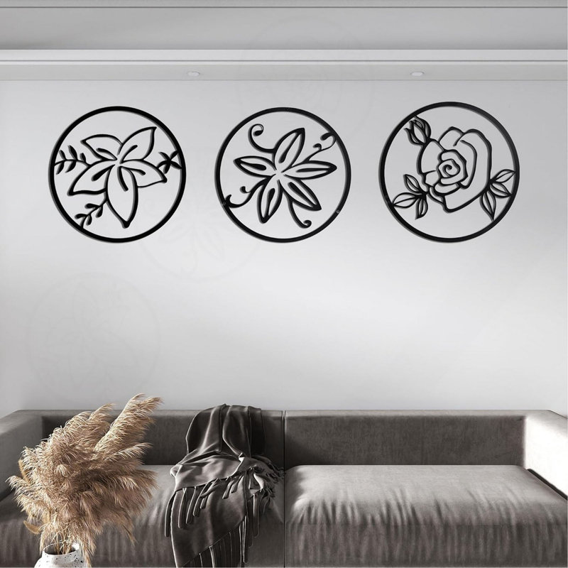 Ensemble de 3 décorations murales, motif floral abstrait, cadre rond en métal noir