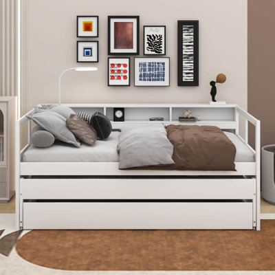 Twin XL Wood Daybed With 2 Trundles, 3 Storage Cubbies, 1 Light For Free And USB
