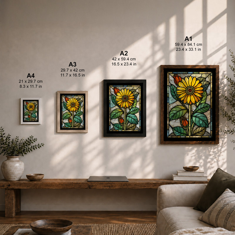 Stained Glass Daisy Botanical - Framed Print, Unframed, A1 - 84.1 x 59.4 cm