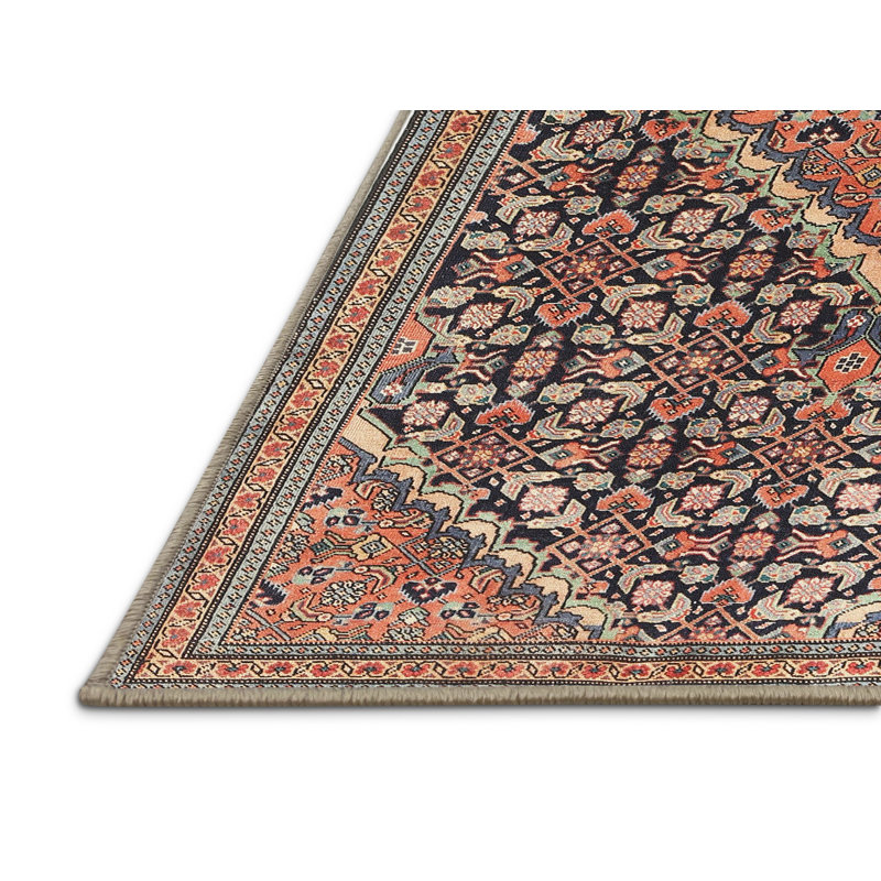 Tapis oriental orange / noir / jaune tissé à la machine, Rectangle 5 pi x 7 pi